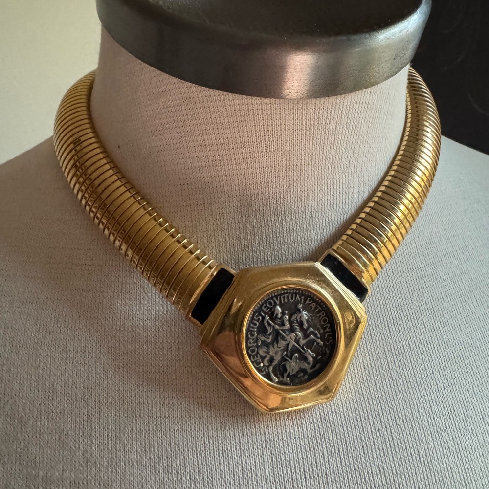 Vintage Kenneth Jay Lane Gold Omega Link with silver coin collar choker necklace